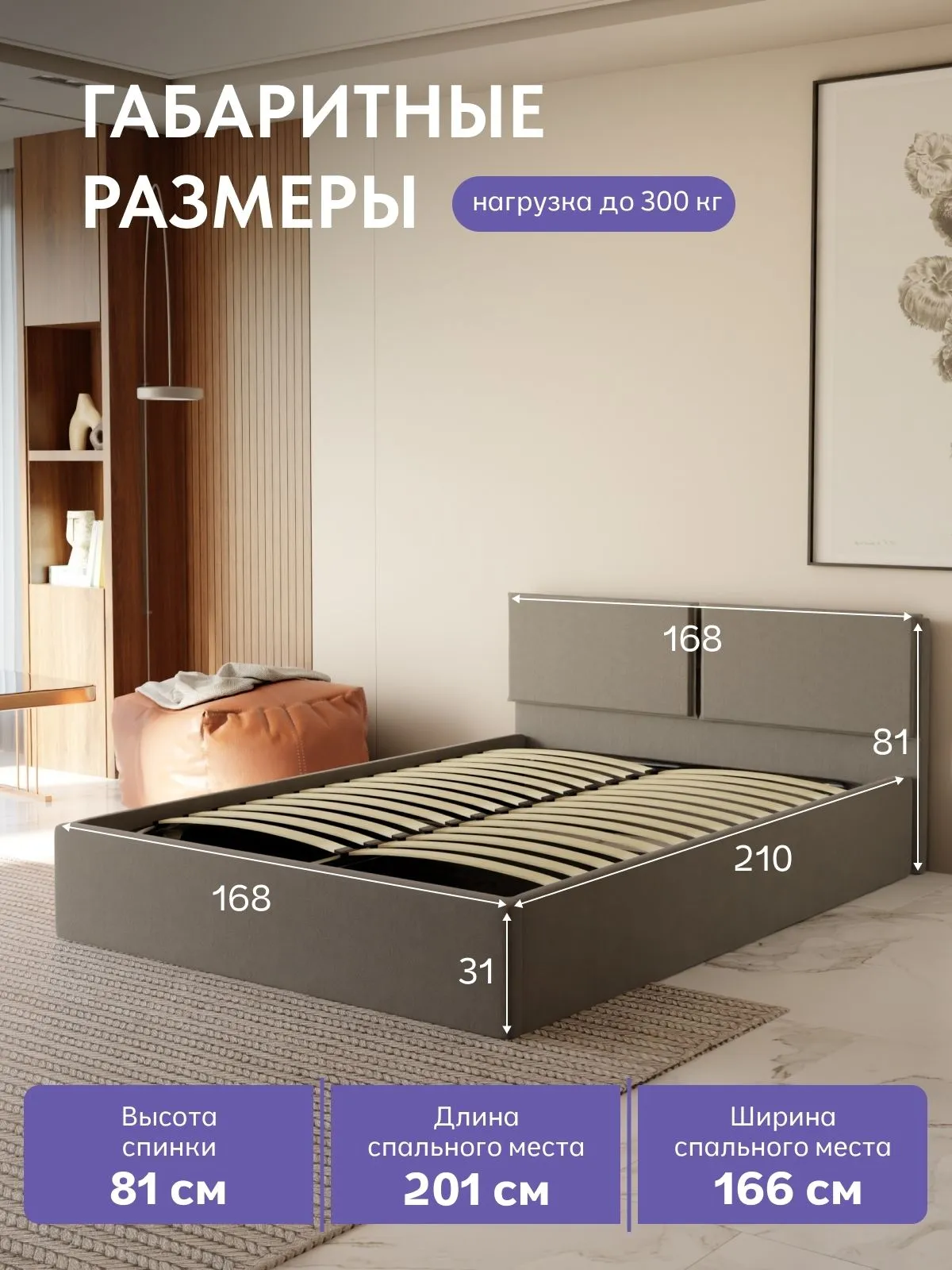 Кровать "Манчестер" 160х200  серый велюр - миниатюра 2