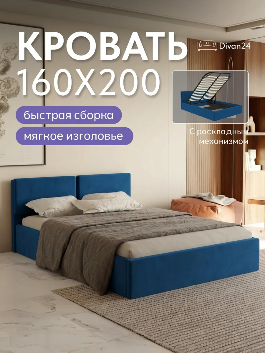 Кровать "Манчестер" 160х200  синий велюр