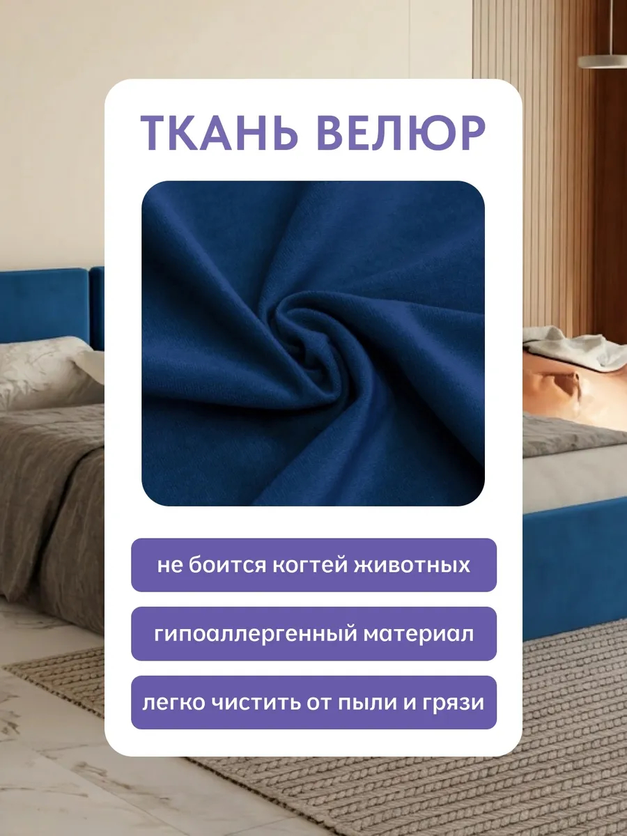 Кровать "Манчестер" 160х200  синий велюр - миниатюра 7