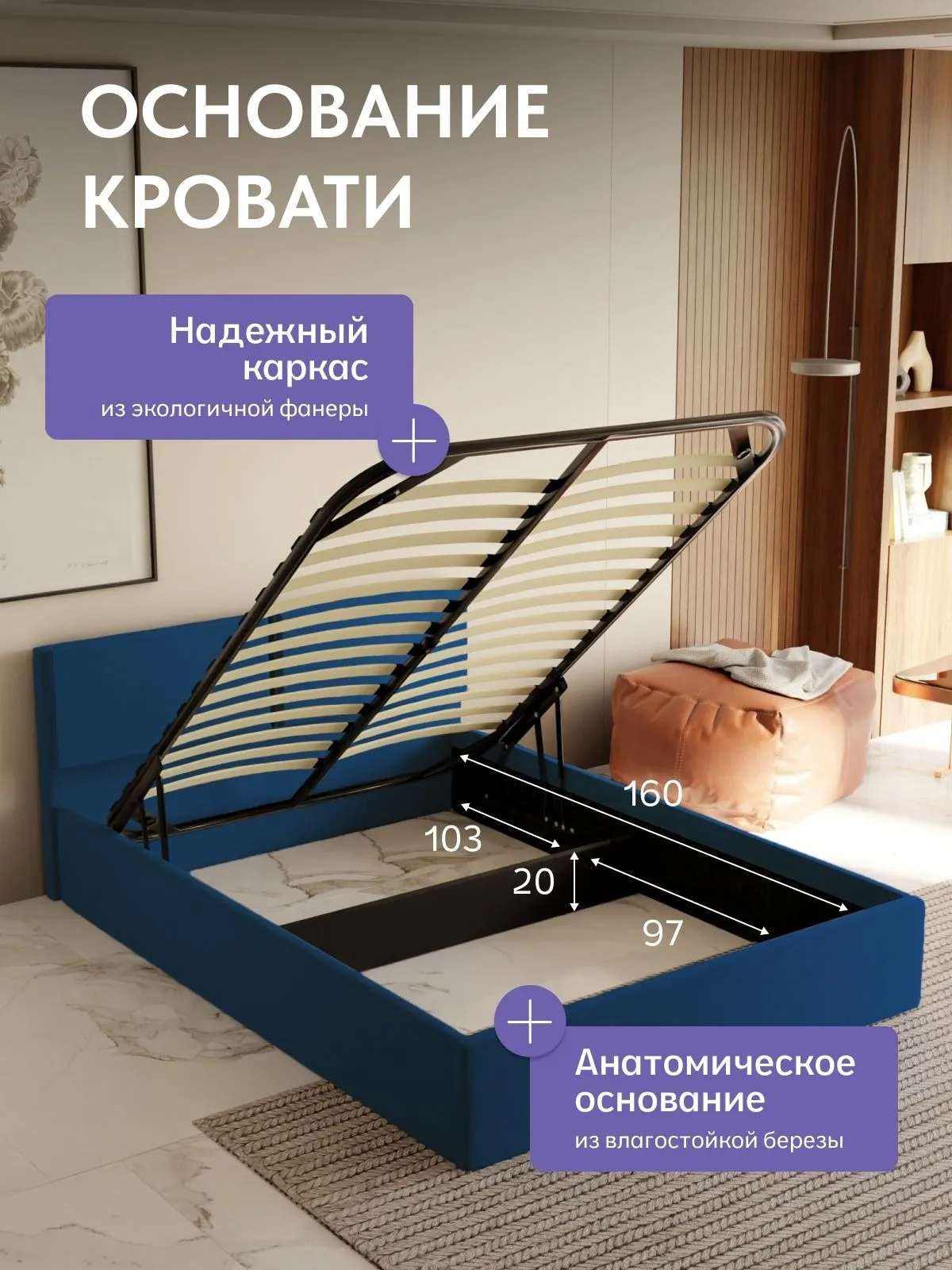 Кровать "Манчестер" 160х200  синий велюр - миниатюра 3