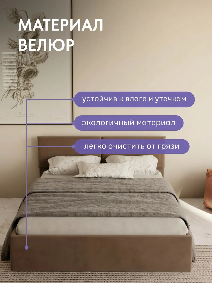Кровать "Манчестер" 160х200  шоколадный велюр - миниатюра 5