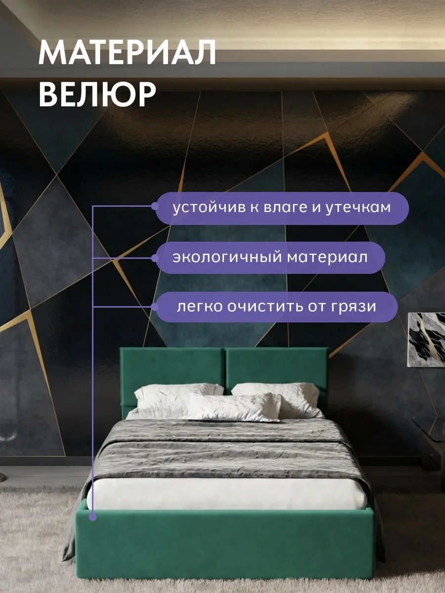 Кровать "Манчестер" 140х200  изумрудный велюр - миниатюра 4