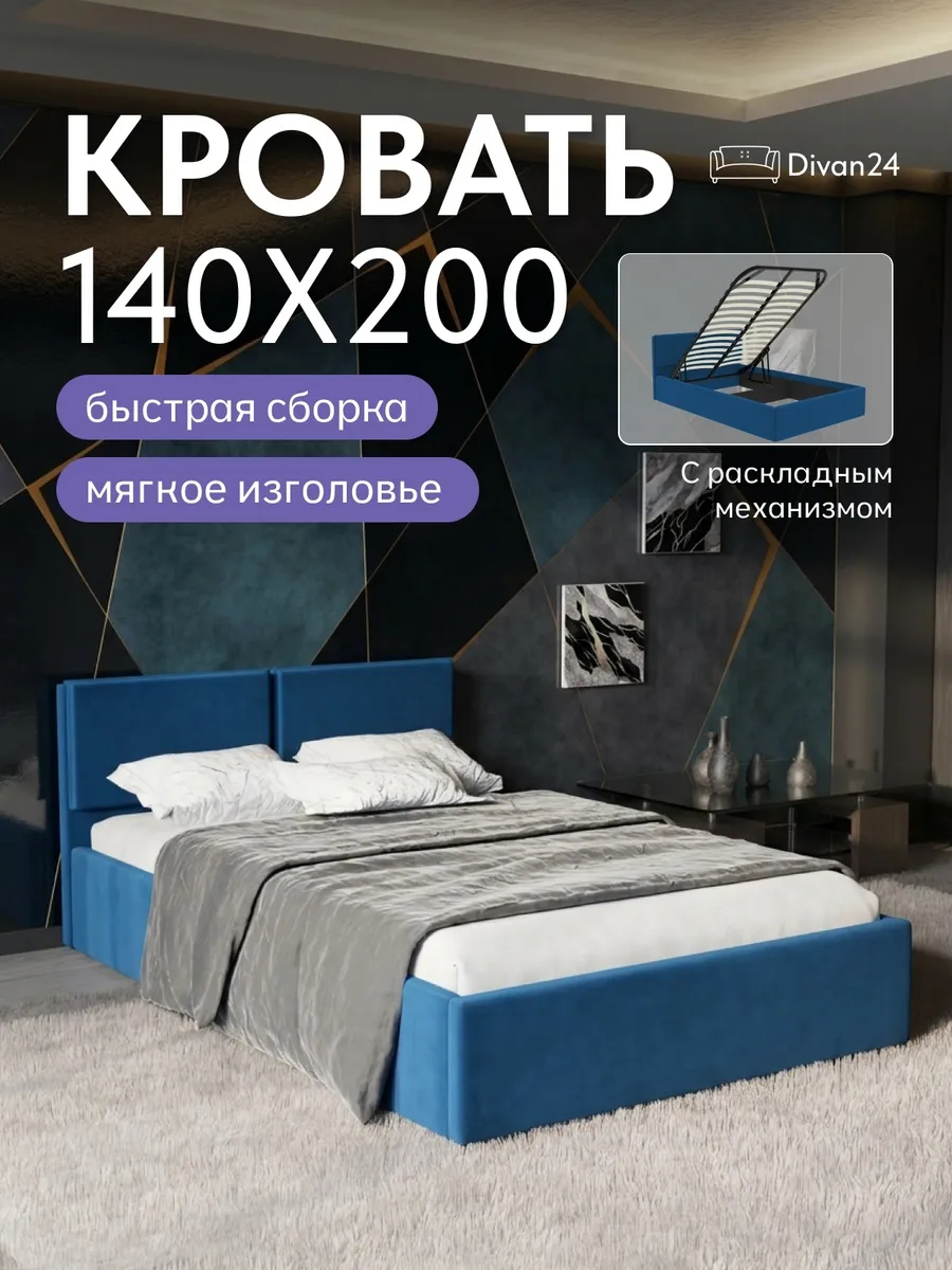 Кровать "Манчестер" 140х200  синий велюр