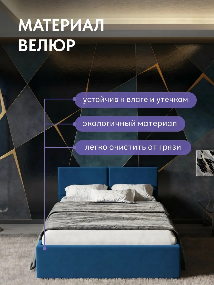 Кровать "Манчестер" 140х200  синий велюр - миниатюра 5