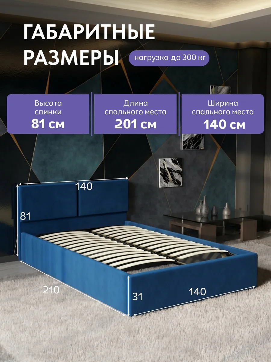 Кровать "Манчестер" 140х200  синий велюр - миниатюра 2