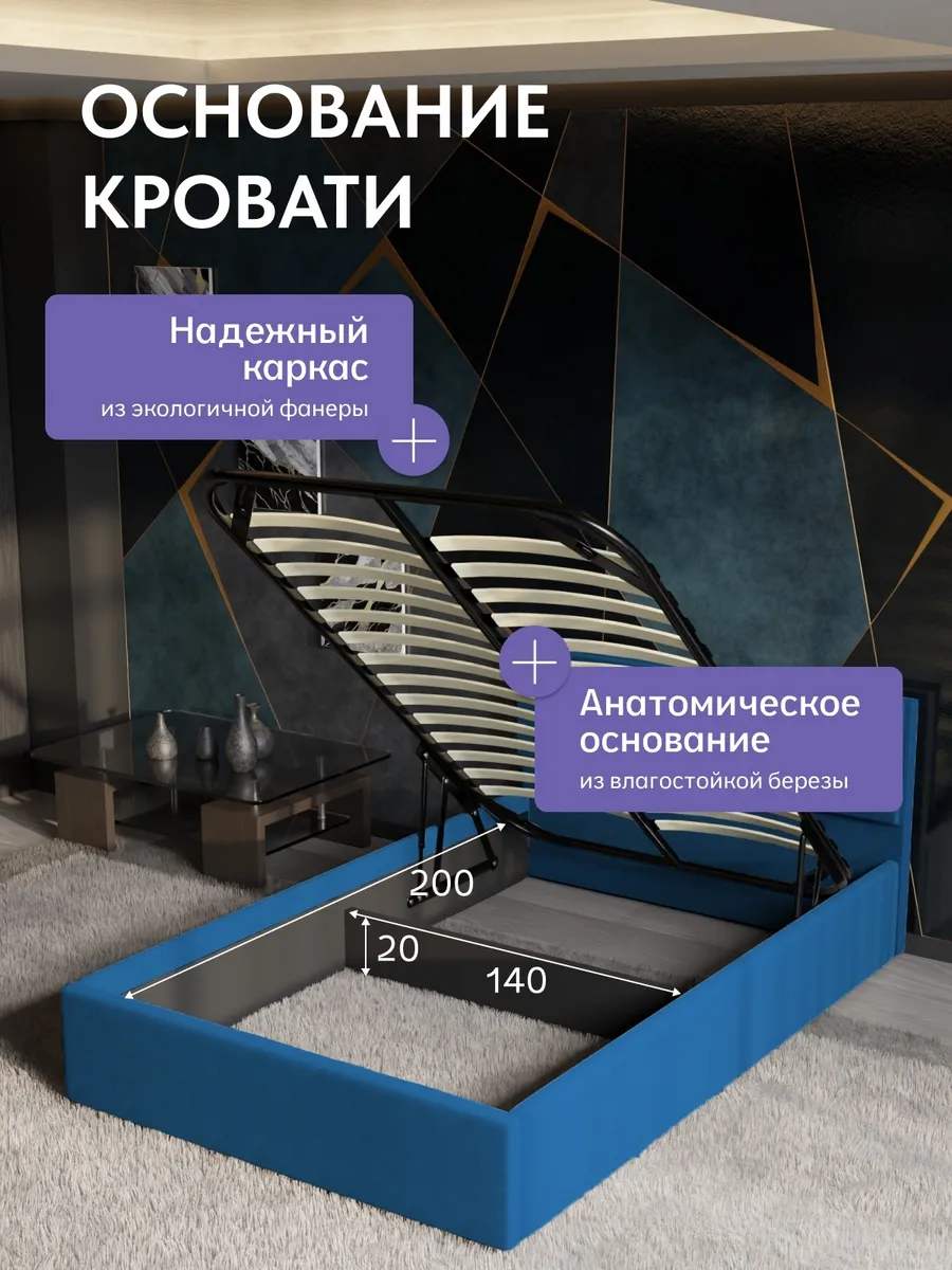 Кровать "Манчестер" 140х200  синий велюр - миниатюра 3