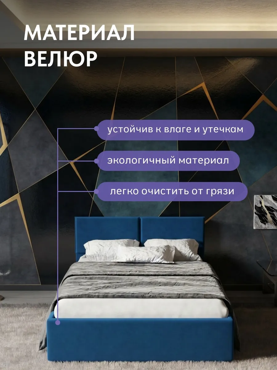 Кровать "Манчестер" 140х200  синий велюр - миниатюра 5