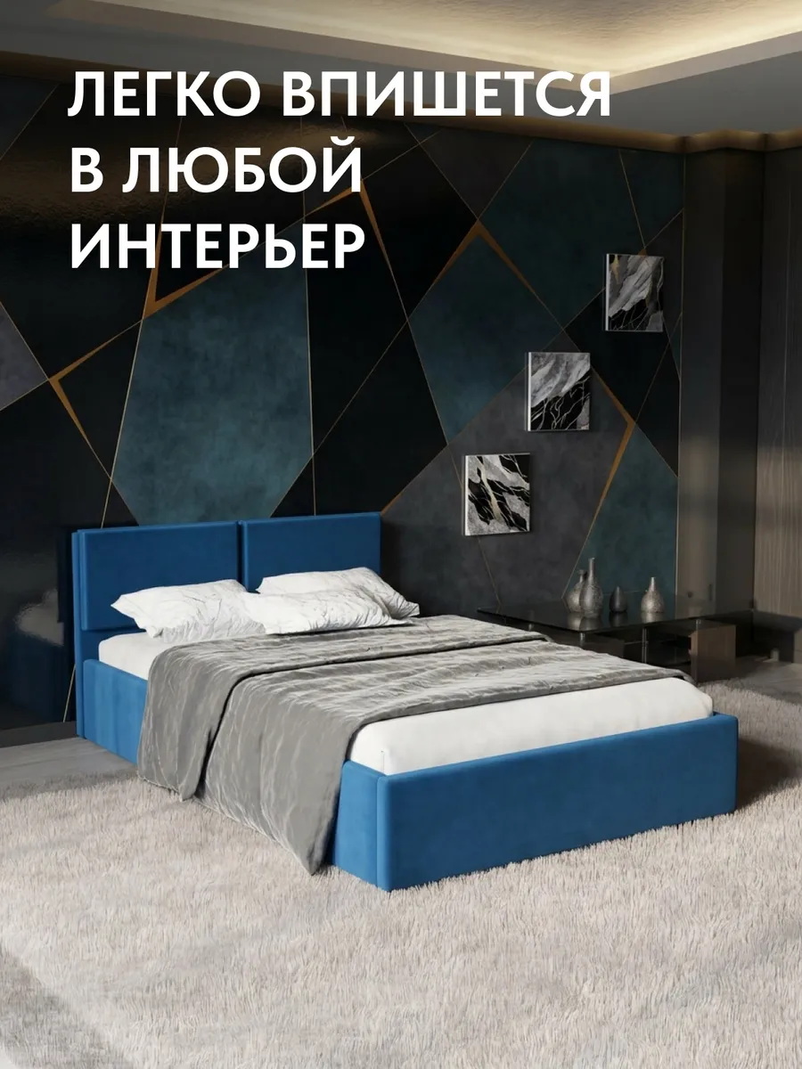 Кровать "Манчестер" 140х200  синий велюр - миниатюра 6