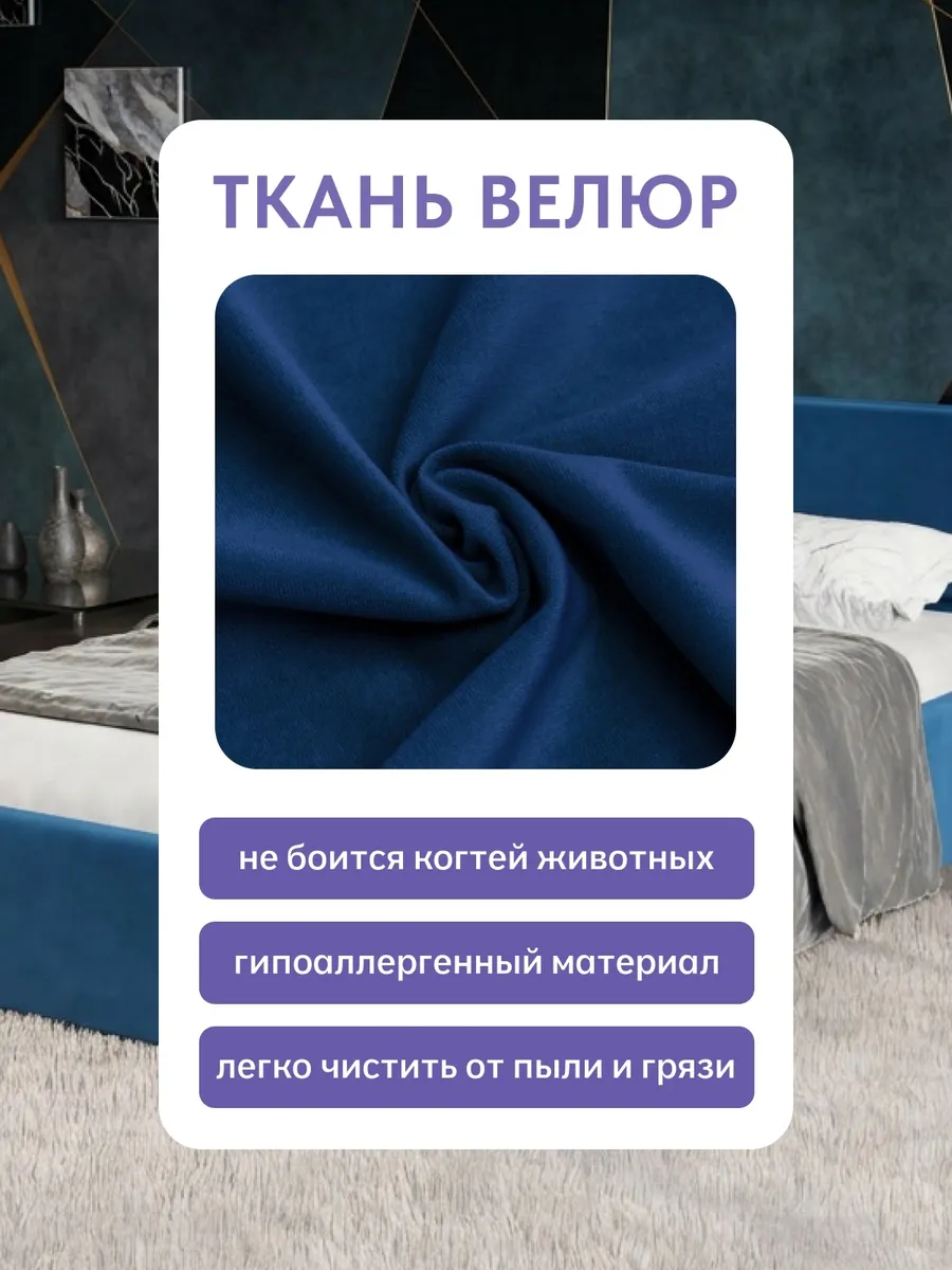 Кровать "Манчестер" 140х200  синий велюр - миниатюра 7