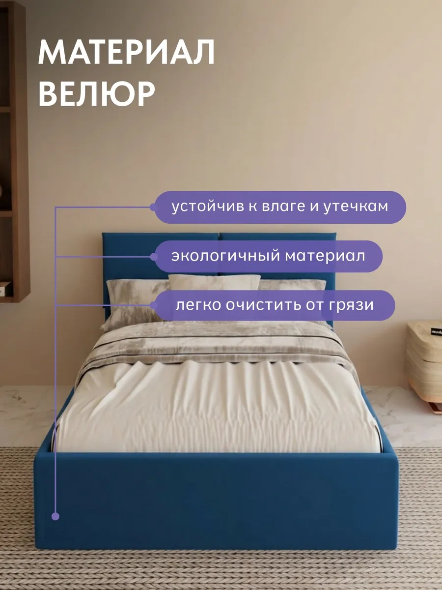 Кровать "Манчестер" 120х200  синий велюр - миниатюра 5