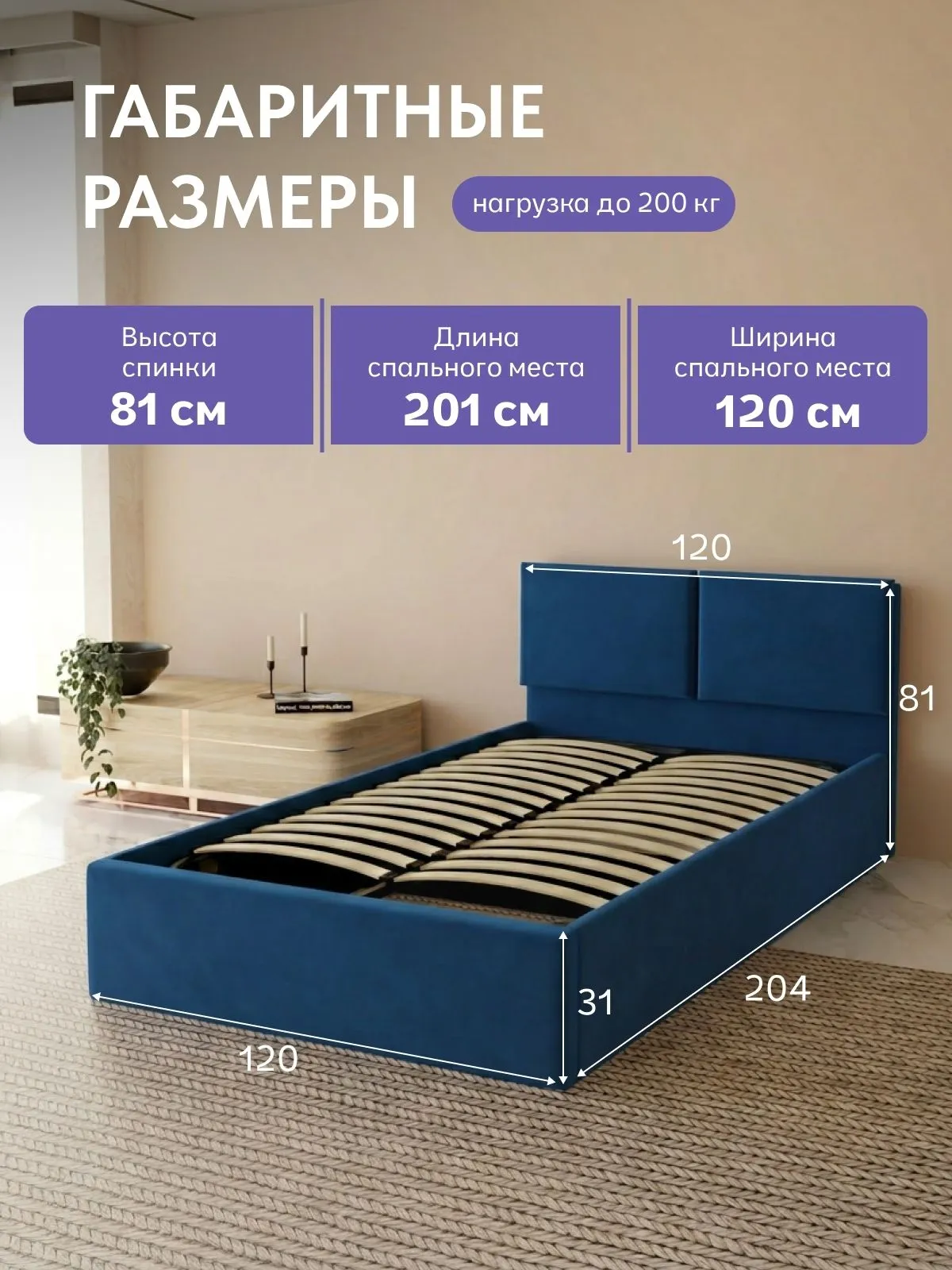 Кровать "Манчестер" 120х200  синий велюр - миниатюра 2