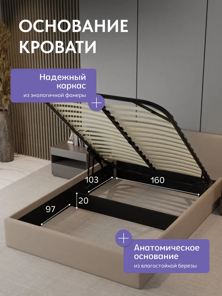 Кровать "Парма" 160х200  бежевый велюр - миниатюра 3