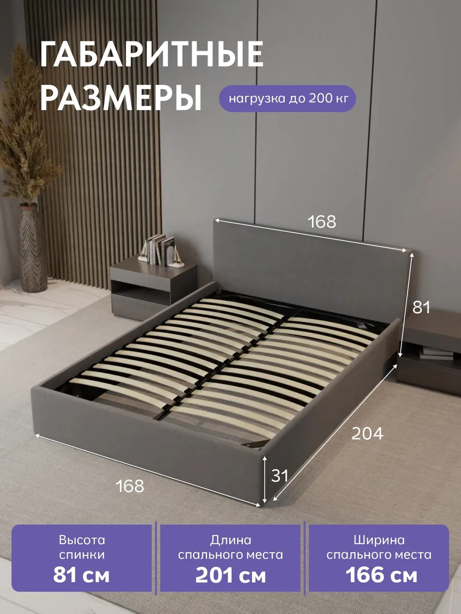 Кровать "Парма" 160х200  серый велюр - миниатюра 2
