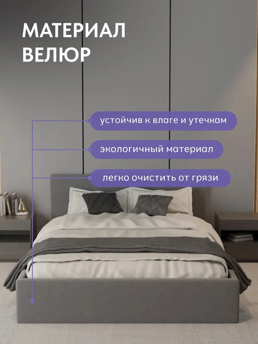 Кровать "Парма" 160х200  серый велюр - миниатюра 5
