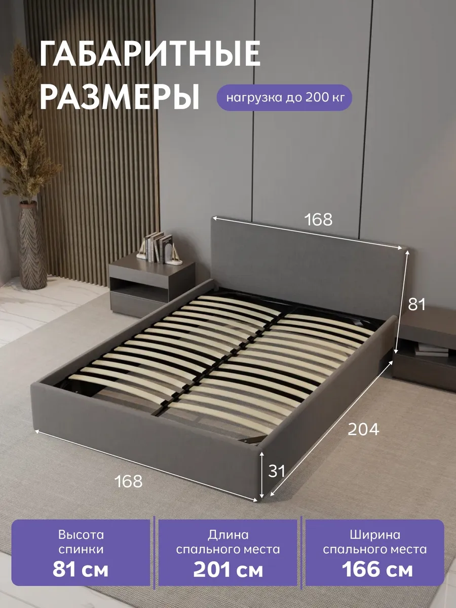 Кровать "Парма" 160х200  серый велюр - миниатюра 2