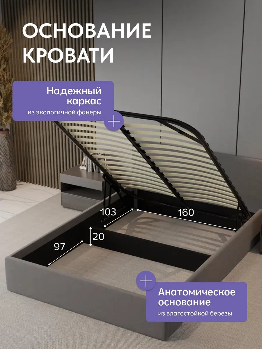 Кровать "Парма" 160х200  серый велюр - миниатюра 3