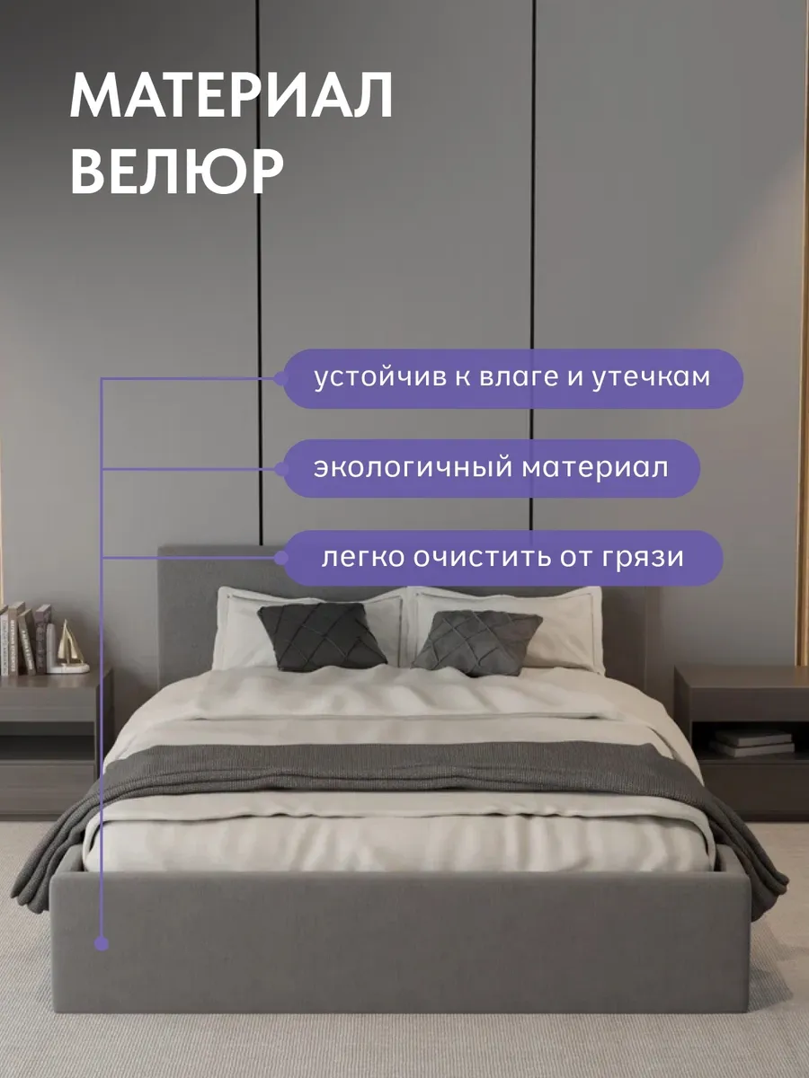 Кровать "Парма" 160х200  серый велюр - миниатюра 5