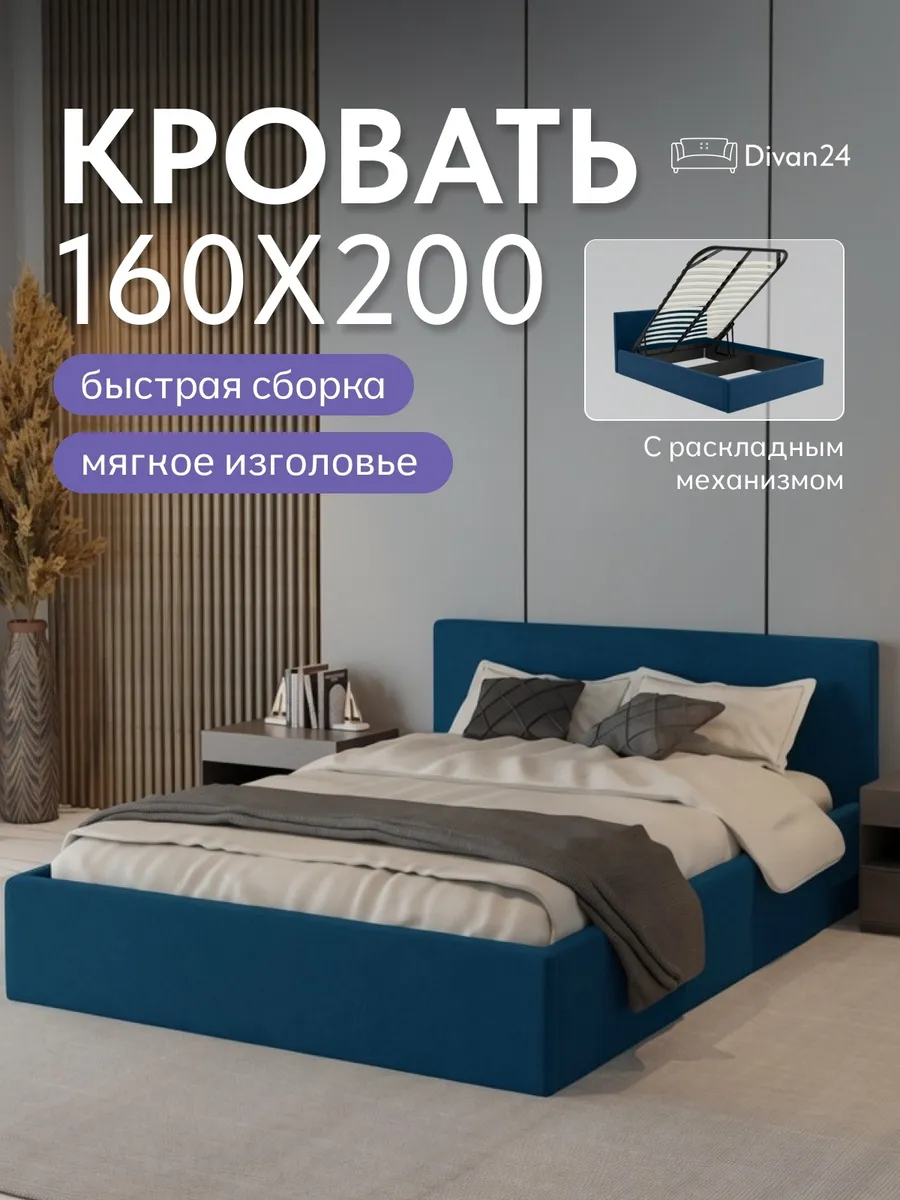 Кровать "Парма" 160х200  синий велюр