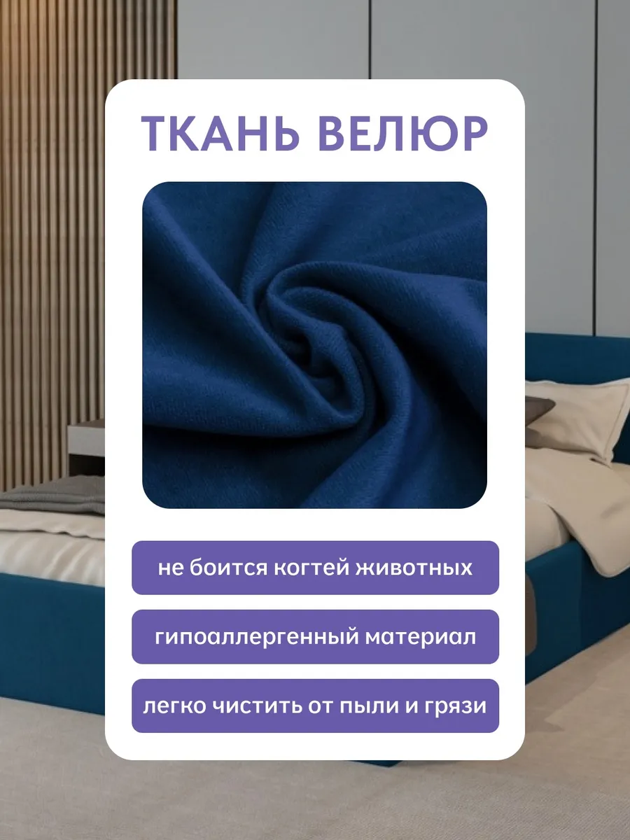 Кровать "Парма" 160х200  синий велюр - миниатюра 7