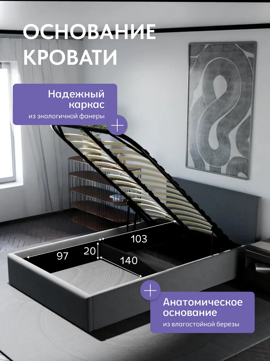 Кровать "Парма" 140х200  серый велюр - миниатюра 3