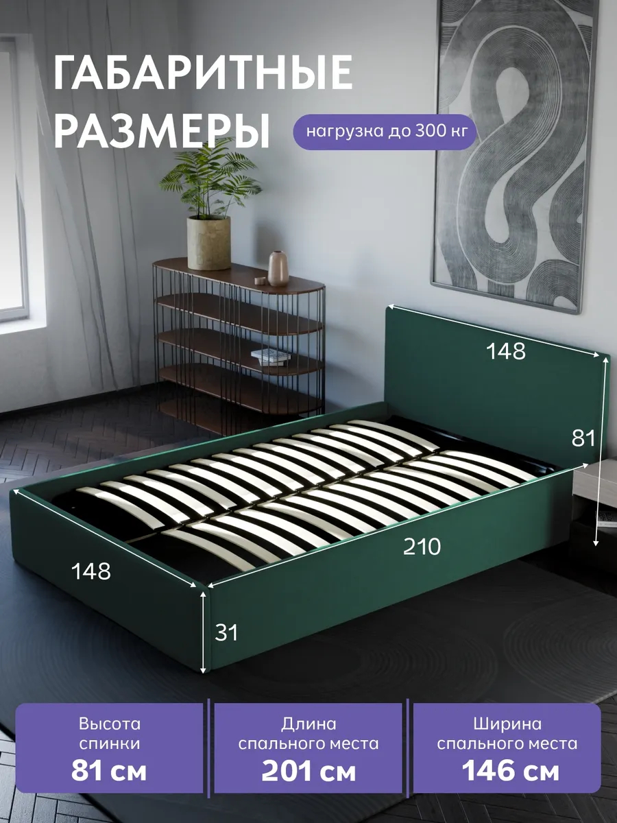 Кровать "Парма" 140х200  изумрудный велюр - миниатюра 2