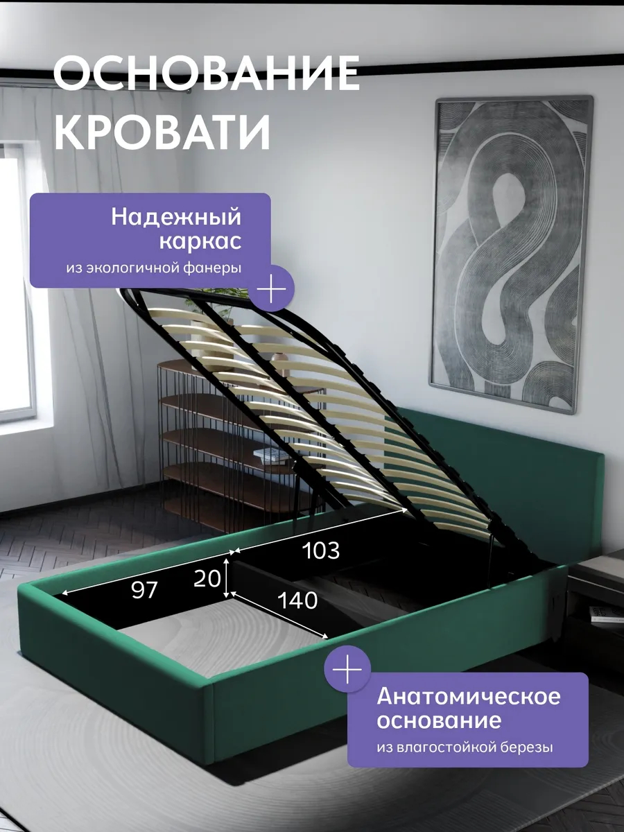 Кровать "Парма" 140х200  изумрудный велюр - миниатюра 3