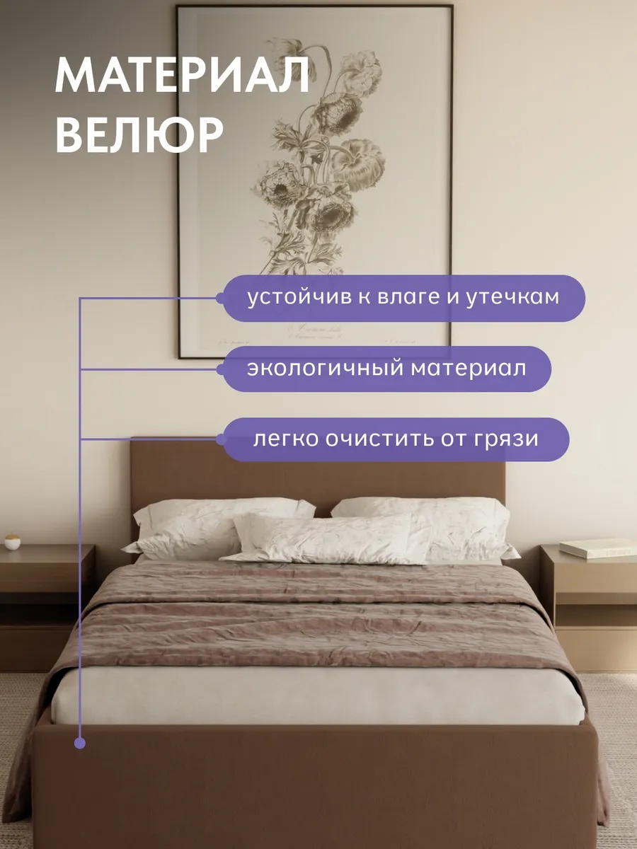 Кровать "Парма" 140х200  шоколадный велюр - миниатюра 5
