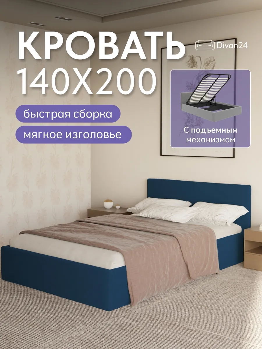 Кровать "Парма" 140х200  синий велюр