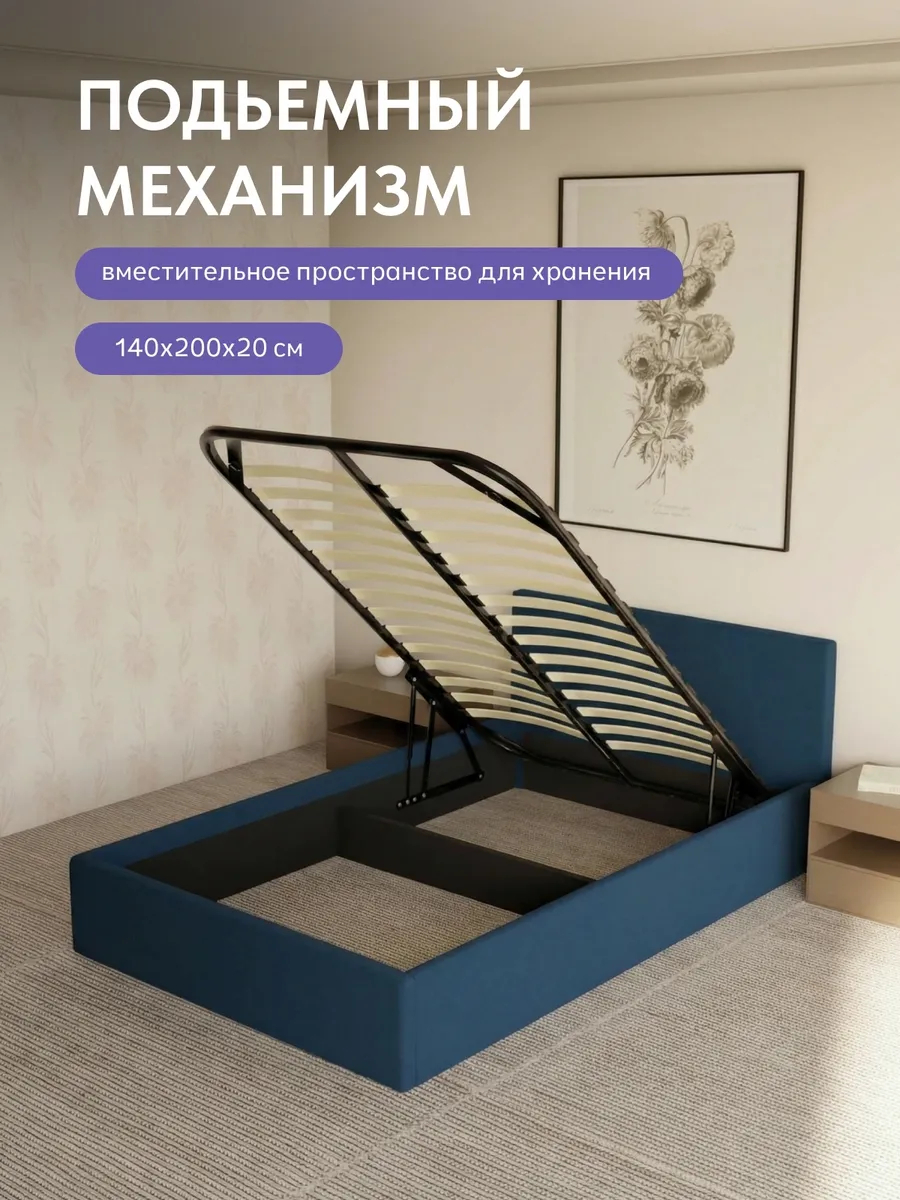 Кровать "Парма" 140х200  синий велюр - миниатюра 4