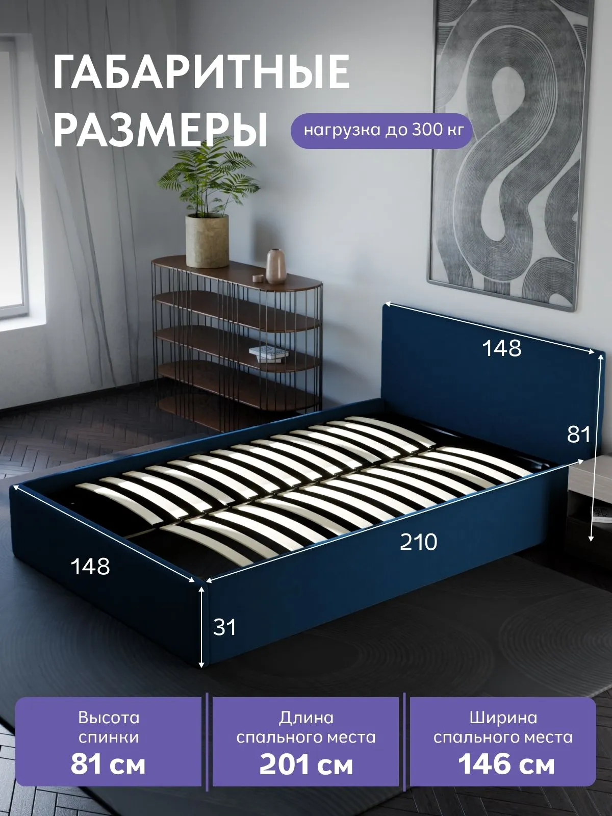 Кровать "Парма" 140х200  синий велюр - миниатюра 2