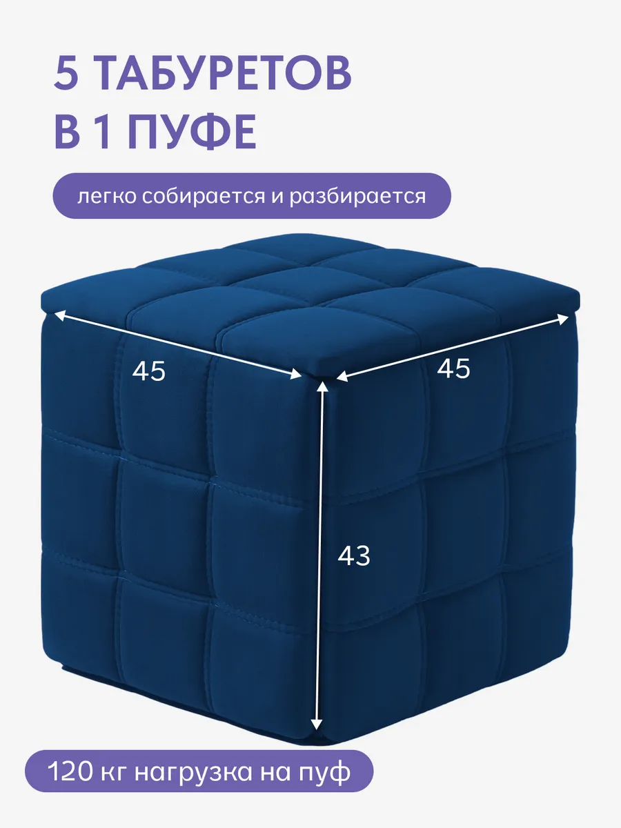 Пуф 5 в 1 синий велюр со строчкой, 77401162 - миниатюра 2